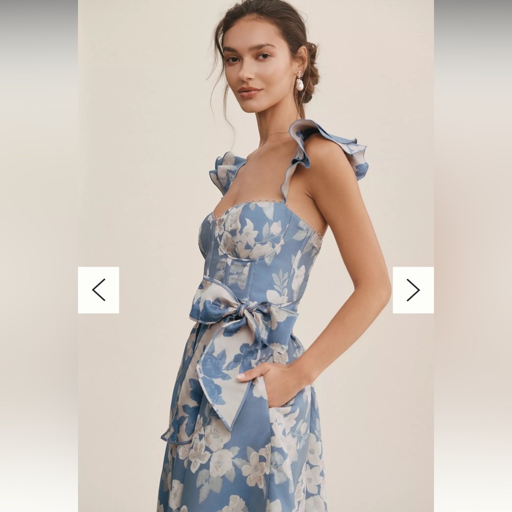 Ruffle-Strap Corset Side-Slit Midi Dress - Picture 4 of 8